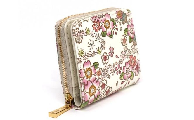 【文庫屋大関】二つ折りファスナーミニ財布 かすみ桜【皮革工芸品】財布 二つ折り 小物 お札 カード 小銭 コンパクト 牛革 手作り 日本製 墨田区 東京都