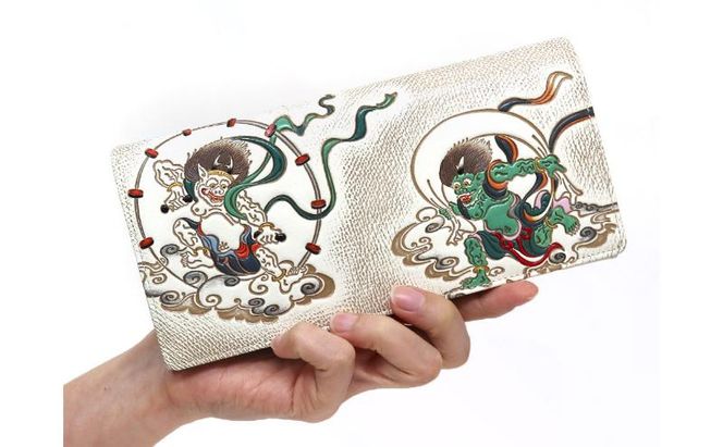 【文庫屋大関】束入れ 風神雷神【皮革工芸品】 財布 お札 お札入れ 長財布 カード 小銭 牛革 手作り 日本製 墨田区 東京都