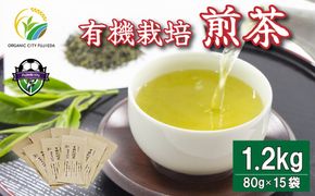 緑茶 煎茶 1年分 計1.2kg 有機栽培 オーガニック 80g 15袋 お茶 静岡茶 日本茶 国産 飲み物 飲料 茶 茶葉 茶缶 セット 静岡県 藤枝市