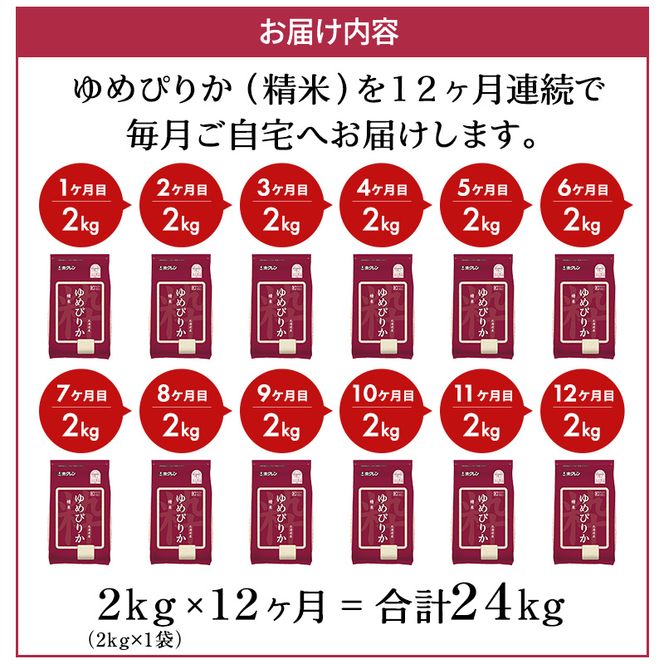 12ヵ月 定期便 (精米2kg)ホクレンゆめぴりか(精米2kg×1袋)袋はチャック付 北海道米 お米 白米 ごはん ご飯 ライス 和食 炭水化物 主食 おにぎり お弁当 ほど良い粘り 豊かな甘み つややか セット 特A [JA新おたる] 