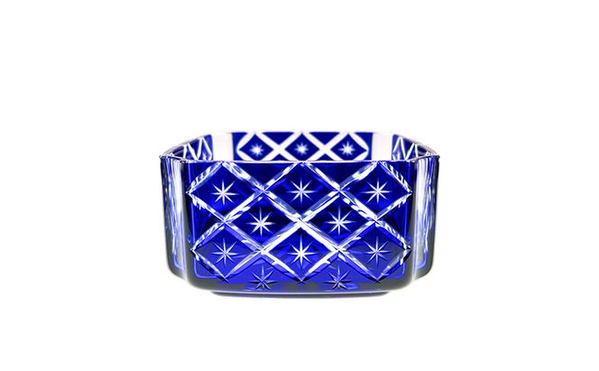 藍　四角鉢　矢来に星繋ぎ　食器 器 小鉢 インテリア ソーダガラス 江戸切子 民芸品 工芸品 伝統工芸品 日本製 桐箱 プレゼント ギフト 贈り物 東京都 墨田区