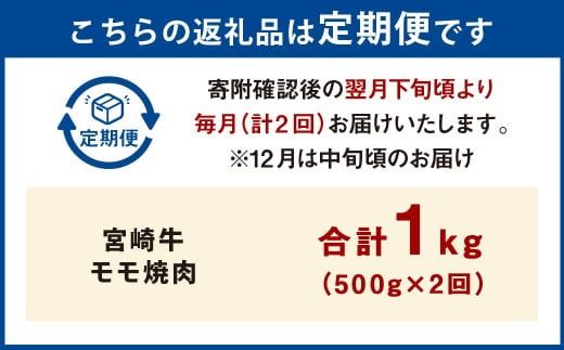 【2ヶ月定期便】＜宮崎牛モモ焼肉 500g（1パック：500g×2回）＞お申込みの翌月下旬頃に第一回目発送（12月は中旬頃） 牛肉 お肉 肉 和牛 新生活応援 卒業祝い 就職祝い 入学 卒業 お花見 引越し【c1357_mc_x2】