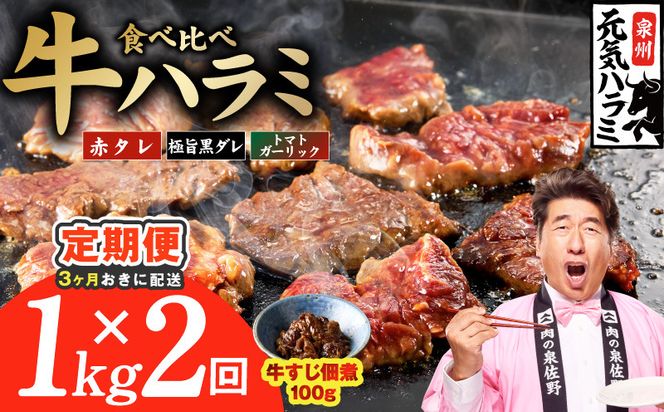 G4761 【分けて届く定期便】牛ハラミ 3種食べ比べ 総量 1kg【牛肉 はらみ 小分け 焼肉 お弁当 BBQ 訳あり ワケアリ わけあり サイズ不揃い 規格外 全2回】