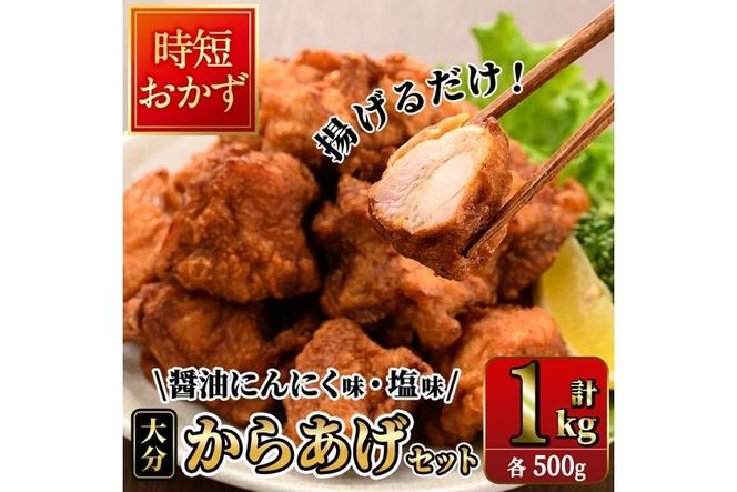 時短おかず 揚げるだけ 大分 からあげ 醤油にんにく味・塩からあげ セット (合計1kg・各500g) 国産 鶏むね肉 鶏もも肉 肉 からあげ 唐揚げ 名物 セット ご当地グルメ 食べ比べ 冷凍 惣菜 お弁当 小分け 簡単 時短 大分県 佐伯市【DH309】【ネクサ】