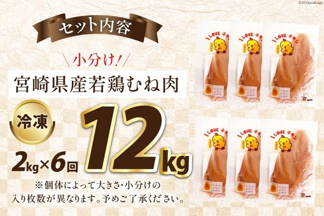鶏肉 6回 定期便 宮崎県産 若鶏 むね肉 2㎏ 計 12kg [エム・ティ・シー 宮崎県 日向市 452061366] 小分け むね ムネ肉 胸 冷凍 肉 宮崎