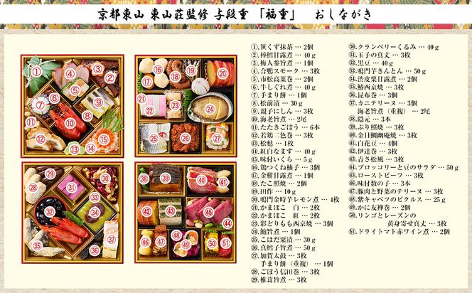 【京都東山・東山荘】監修おせち 福重 約4～5人前｜京おせち 本格料亭おせち 人気おせち［ 京都 料亭 老舗 おせち 京料理 人気 おすすめ 2026 正月 お祝い おせち料理 グルメ ご自宅用 お取り寄せ 通販 送料無料 ふるさと納税 ］ 261009_A-AAM009