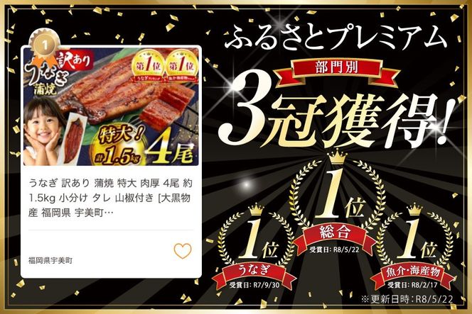 うなぎ 訳あり 蒲焼 特大 肉厚 4尾 約 1.5kg 小分け タレ 山椒付き [大黒物産 福岡県 宇美町 um40bak830002] 不揃い 規格外 家庭用 鰻 ウナギ unagi うなぎ蒲焼 鰻蒲焼き 蒲焼き かば焼き 真空パック 個包装 冷凍 13000 13000円