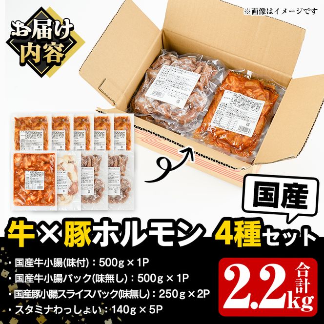 ＼テレビで紹介されました！／国産！牛×豚ホルモン食べ比べ4種セット(合計2.2kg)  阿久根市 国産 特産品 小腸 味付 パック 詰め合わせ 詰合せ 炒め物 鍋 モツ おかず お弁当 小分け 個包装 焼肉【スターゼン】akn031-02