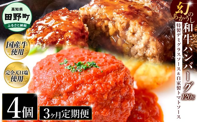 幻のあかうし和牛ハンバーグ 4個入り 3ヶ月定期便 1個120g 特製デミソース トマトソース付き 田野屋青蜂 白鯆 完全天日塩練り込み 肉 お肉 国産牛 おかず おいしい お取り寄せ 冷凍 配送 高知県 田野町