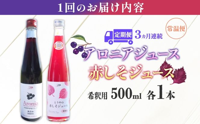 定期便 連続3回 北海道産 赤しそジュース アロニアジュース 500ml 各1本 希釈用 赤しそ アロニア 果汁 ジュース ドリンク 飲料 飲み物 フルーツ しそ シソ 紫蘇 贈答 詰め合わせ お取り寄せ 送料無料 ピュアフーズとうや 北海道 洞爺湖町