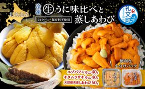 北海道 礼文島産 冷凍 生うに食べ比べ(エゾバフンウニ・キタムラサキウニ 40g×各1個) ＆ 蒸しあわび 50g［野崎水産］【 うに ウニ 雲丹 生うに あわび アワビ 鮑 蒸しあわび 海鮮 食べ比べ 贈答 ギフト 】