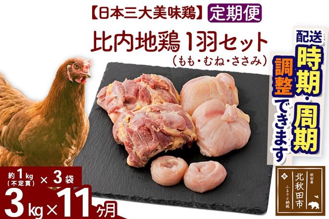 《定期便11ヶ月》 比内地鶏 1羽セット（もも・むね・ささみ） 約3kg（約1kg（不定貫）×3袋）×11回 計33kg 時期選べる お届け周期調整可能 11か月 11ヵ月 11カ月 11ケ月 33キロ 国産 冷凍 正肉 鶏肉 鳥肉|jaat-021311