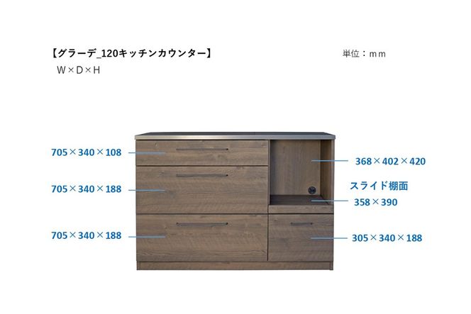 グラーデ 120 キッチンカウンター BR【ブラウン 完成品 特殊鋼板 耐熱 耐傷 収納 作業台】(H062337)