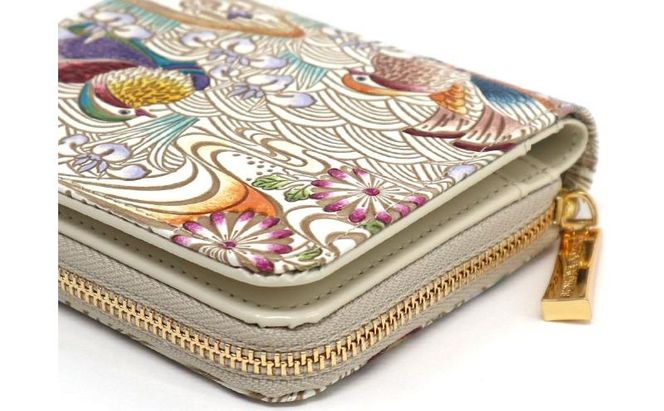 【文庫屋大関】二つ折りファスナーミニ財布 おしどり＜橙色＞【皮革工芸品】財布 二つ折り 小物 お札 カード 小銭 コンパクト 牛革 手作り 日本製 墨田区 東京都