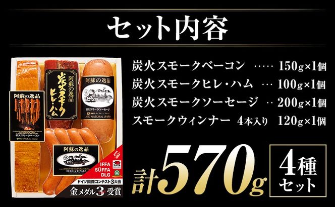 阿蘇の逸品 AN-410 ベーコン・ハム・ソーセージ 4種セット 株式会社阿蘇ナチュラル・ジェイファーム 《30日以内に出荷予定(土日祝除く)》 熊本県 南阿蘇村 炭火 スモーク ベーコン ソーセージ ハム---sms_anj410_30d_26_18000_4p---