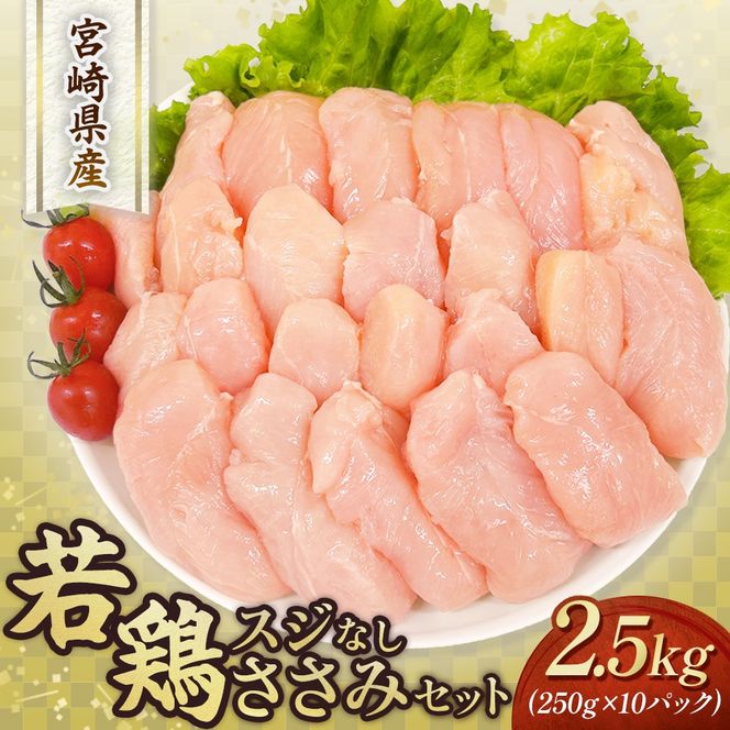 【手間いらず！】宮崎県産若鶏スジなしささみ2.5kgセット（250g×10P 国産 鶏肉 若鶏 ササミ 大容量 冷凍）