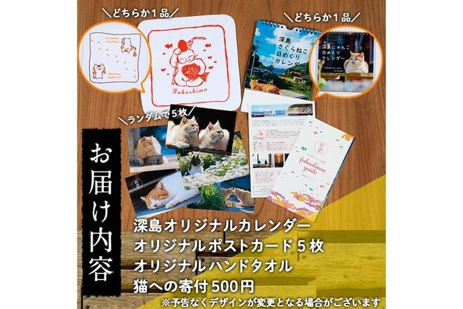 深島の猫へ寄付と深島猫グッズ (Aプラン・計4種) 猫 ネコ ねこ 寄附 ポストカード カレンダー ハンドタオル 大分県 佐伯市【EK08】【でぃーぷまりん】