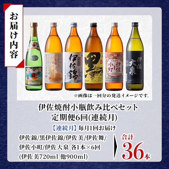 isa898 【定期便6回(連続月)】伊佐焼酎小瓶飲み比べセット 伊佐美720ml・他5種各900ml 合計36本(6種各1本×6回)  鹿児島 本格芋焼酎 芋焼酎 焼酎 五合瓶 四合瓶 飲み比べ 詰め合わせ 詰合せ 【酒乃向原】