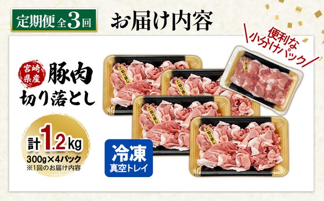 【3ヶ月連続お届け】宮崎県産 豚肉 切り落とし 定期便 合計3.6kg 真空パックで鮮度長持ち！300gずつの便利な小分け 定期的 鮮度そのまま 継続 3回お届け 家計の味方 毎月届く楽しみ 計画的 定期届