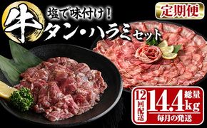 ＜定期便・全12回 (毎月の発送)＞ たっぷり！ 薄切り 塩 牛タン・牛ハラミ セット (総量14.4kg) 小分け 牛肉 肉 タン たん ハラミ はらみ 詰め合わせ 味付け 焼肉 BBQ 冷凍 大分県 佐伯市【DH332】【ネクサ】