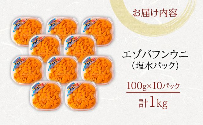 北海道 礼文島産 採れたて ミョウバン不使用 エゾバフンウニ 塩水パック 1kg(100g×10個)［株式会社やまじょう］【 うに ウニ 雲丹 生うに 塩水うに バフンウニ 滅菌海水 海鮮 うに丼 濃厚 甘み 大容量 】