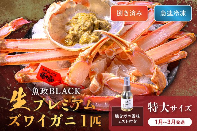 【蟹の匠 魚政】魚政BLACK 生プレミアムズワイガニ〈捌き済・急速冷凍〉特大サイズ 1杯 焼きガニ香味ミスト付き(1月～3月発送）　UO01345