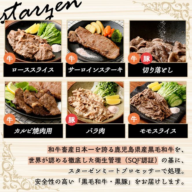 ＜定期便・全6回＞岩塩付き！鹿児島県産黒毛和牛・黒豚定期便 (肉：総量約5.2kg/岩塩：600g) 国産 九州産 鹿児島産 牛肉 国産牛 豚肉 セット サーロイン ステーキ 切り落とし 切落し コラボ ピンク 岩塩 【スターゼン×梅研本舗ジャパン】akn501-04