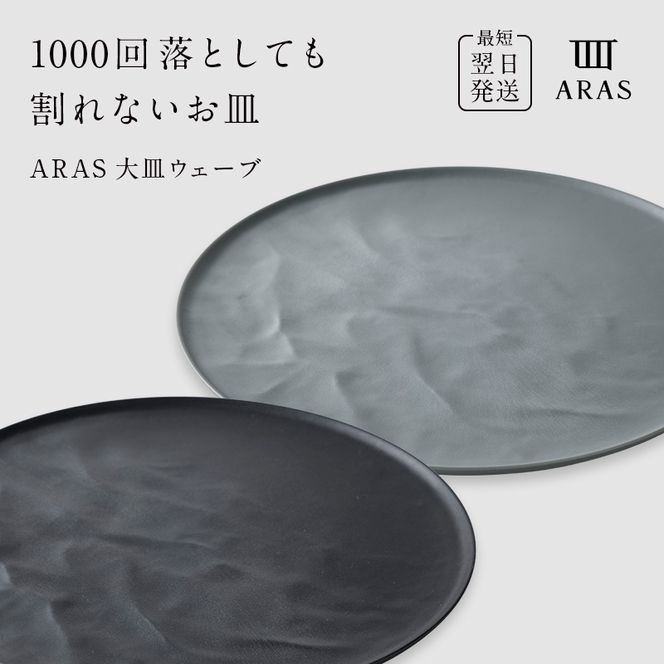 ARAS 大皿ウェーブ 2枚セット【カラー：ブラック&グリーングレー】27cm 大皿 プレート 割れない 保証付き ARAS エイラス 色が選べる 皿 食器 うつわ 贈り物 ギフト 3万円 30000円 F6P-2596