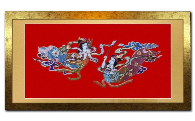 額装用 日本刺繍 「飛天」台生地「赤」×額装「ゴールド」 刺繍 伝統工芸 愛西市 / 百武打敷店[AEBR004]