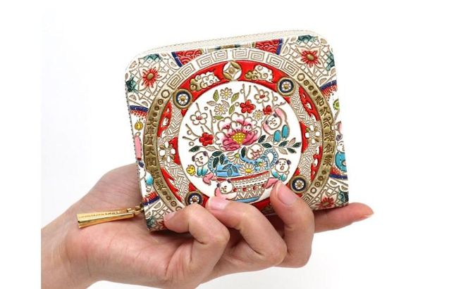 【文庫屋大関】二つ折りファスナーミニ財布 唐子【皮革工芸品】財布 二つ折り 小物 お札 カード 小銭 コンパクト 牛革 手作り 日本製 墨田区 東京都