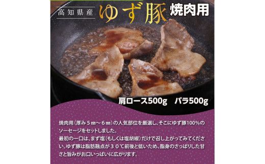 【CF-R7hbk】GRS006　【高知のブランド豚/ゆず豚】厳選部位の焼肉セット（約1.4kg）- 焼肉用 肩ロース500g バラ500g ソーセージ5本入り×2P BBQ やきにく 焼き肉 ソーセージ 豚肉 国産 詰め合わせ セット ギフト・熨斗対応可 贈答