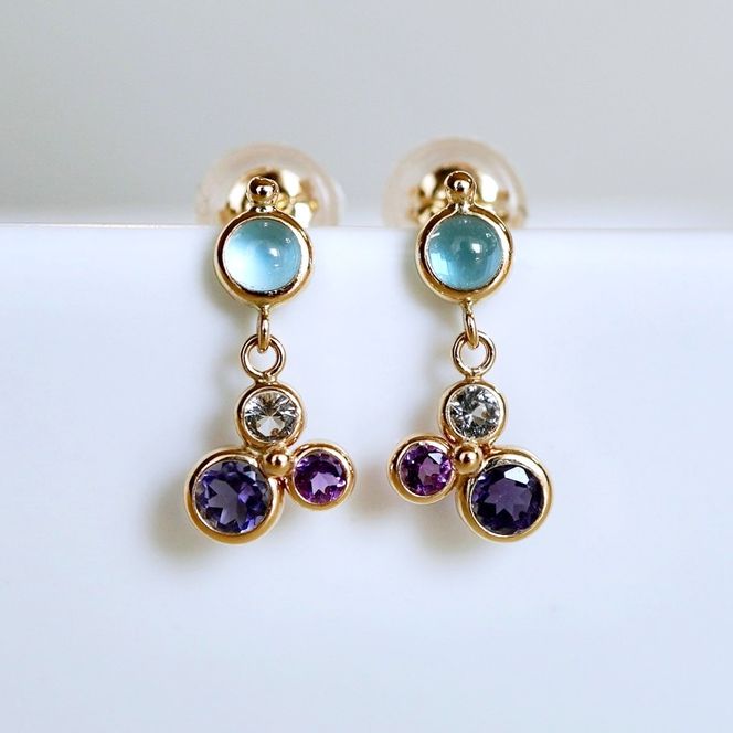 K10YG(10金) イエローゴールド ブルー系天然石 マルチカラー ピアス 揺れる 保証書付 2125 242-052-b