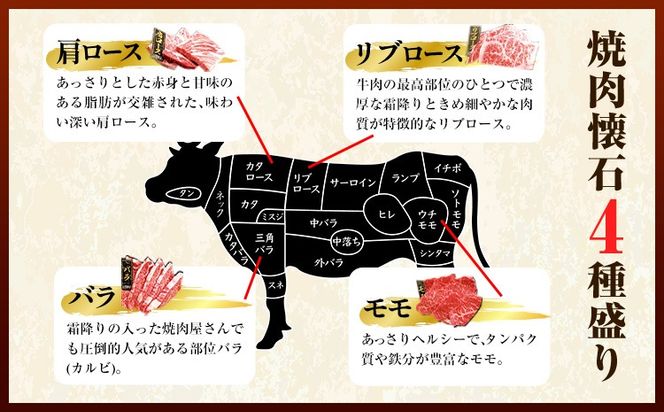 牛肉 熊野牛 焼肉懐石 4種盛り リブロース モモ 肩ロース バラ 各80g 株式会社Meat Factory《30日以内に出荷予定(土日祝除く)》和歌山県 日高川町 熊野牛 焼き肉 焼肉 懐石---wshg_fmfy50_30d_24_16000_4s---