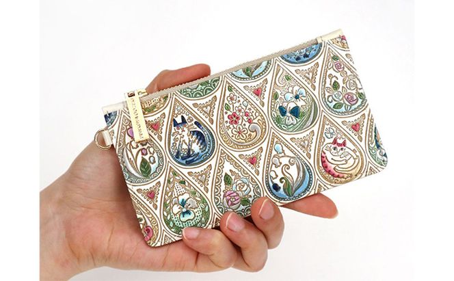 【文庫屋大関】すっきりカードケース　花と猫＜インディゴ＞【皮革工芸品】 ファッション小物 雑貨 フラグメントケース 小銭入れ付き 収納 スマート 日本製 花柄 ねこ ネコ 