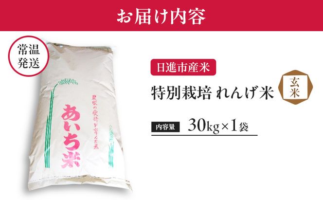 玄米 【玄米】特別栽培れんげ米 日進市産米 30kg×1袋  米 コメ お米 あいちのかおり 特別栽培米 れんげ草 日進市 愛知県