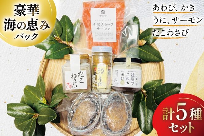 豪華 海鮮5種 海の恵みパック [たみこの海パック 宮城県 南三陸町 m304amh560091] 魚介類 海鮮 うに ウニ アワビ あわび 鮑 サーモン 銀鮭 鮭 牡蠣 カキ たこわさび 詰め合わせ
