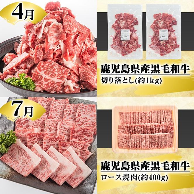 ＜定期便・全4回(4月・7月・10月・12月)＞鹿児島県産！黒毛和牛満喫定期便(総量2.3kg超)国産 九州産 鹿児島産 牛肉 国産牛 もも モモ肉 もも肉 スライス サーロイン ステーキ 切り落とし 切落し ロース 焼肉 焼肉セット 赤身 A4 頒布会【スターゼン】akn042-21