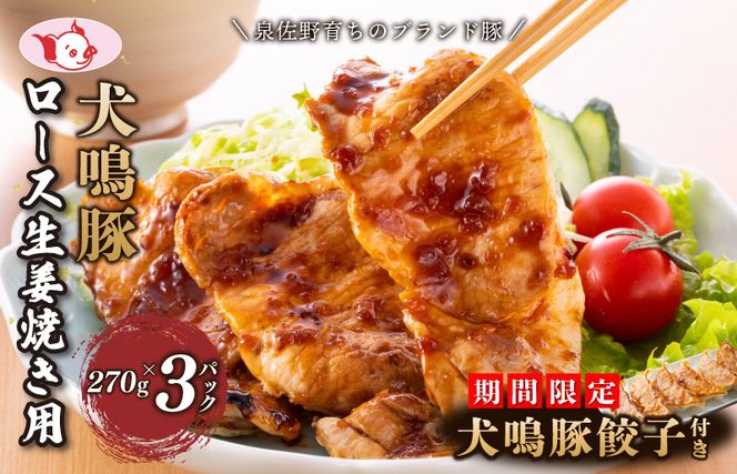 G1379 【泉佐野ブランド豚】犬鳴豚 生姜焼き用 ローススライス 約270g×3P＋犬鳴豚餃子 6個 小分け 生姜焼き におすすめ 期間限定 数量限定