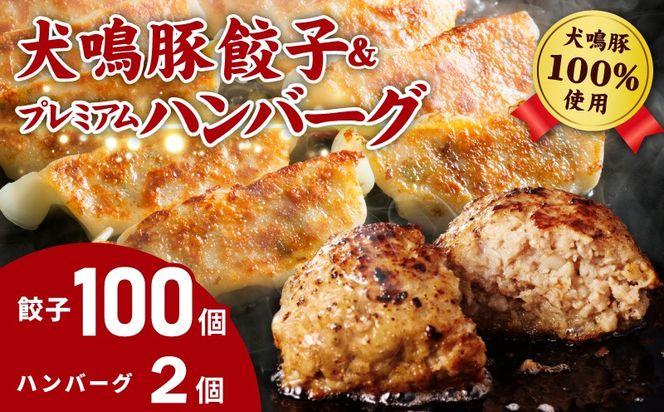 G5375 【期間限定】犬鳴豚餃子 100個 ハンバーグ 2個 セット【国産 豚肉 ぶたにく 犬鳴ポーク 焼くだけ 人気 総菜 冷凍】