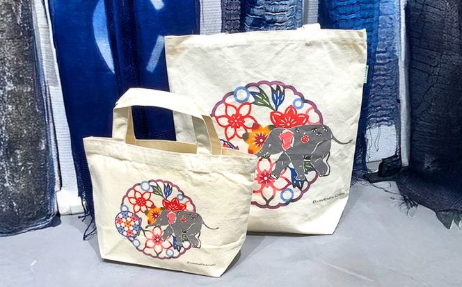 プリントトートバッグセット「コロコロゾウ」/ somekoubou haruiro 伝統工芸  ギフト エコバッグ沖縄市 / コザ工芸館ふんどぅ[BCAU032]