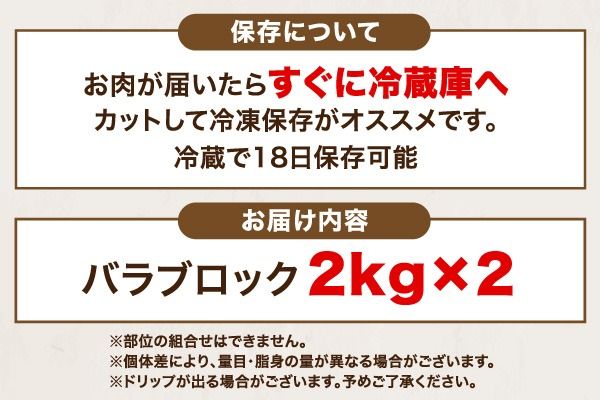 山形県庄内SPF豚 最上川ポークバラブロック 4kg（2kg×2）国産  豚肉 冷蔵便