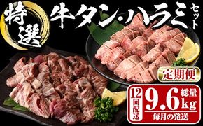 ＜定期便・全12回 (毎月の発送)＞ 特選 牛タン ・ 牛ハラミ セット (総量9.6kg) 定期便 小分け 牛肉 肉 タン 牛たん ハラミ 牛はらみ 詰め合わせ 味付け 焼肉 塩 BBQ 冷凍 大分県 佐伯市【DH329】【ネクサ】