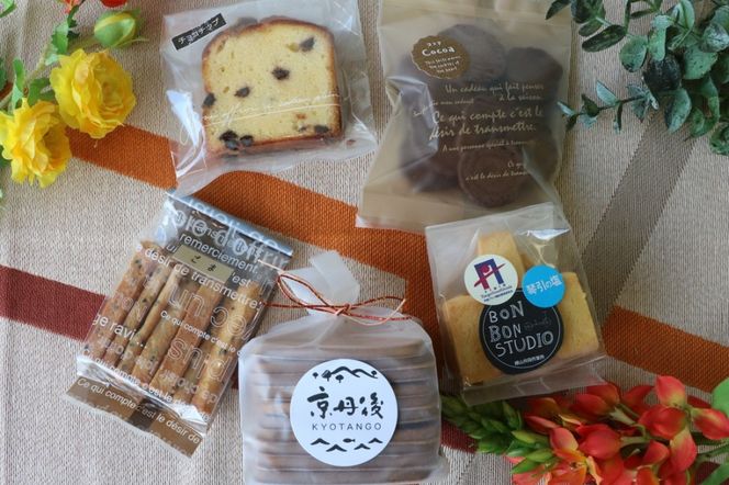 京丹後市焼菓子５種Aセット(塩クッキー、パウンドケーキチョコチップ、スティックビスケット、ココアせんべい、焼き菓子（せんべい）)　CK00006