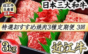 【定期便】A5等級特選近江牛おすすめ部位 焼肉3種（1kg×3回）【FO21W】（国産牛　和牛　ブランド牛　ブランド和牛　黒毛和牛　牛肉　肉　高級　人気　おすすめ　神戸牛　松阪牛 に並ぶ 日本三大和牛 近江牛）