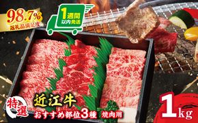 【1週間以内発送】A5等級　未経産雌　特選近江牛おすすめ部位　焼肉3種盛り合わせ合計1kg【FO07W】	
