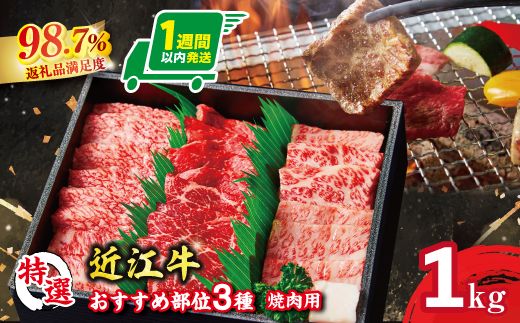 【1週間以内発送】A5等級　未経産雌　特選近江牛おすすめ部位　焼肉3種盛り合わせ合計1kg【FO07W】（滋賀県　近江八幡市）

