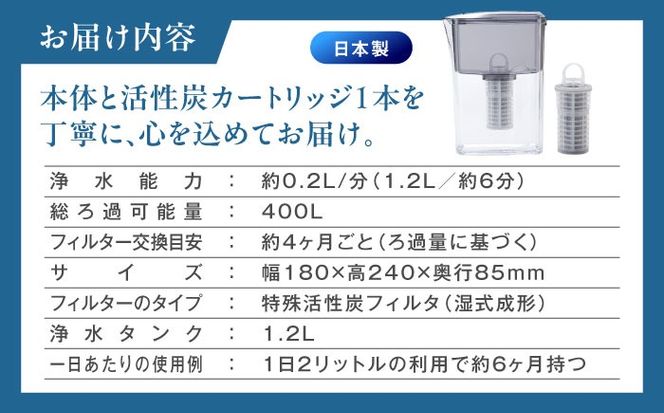 Miz-U / ミズユー 浄水器 ポット型 本体（活性炭カートリッジ 1本付属）ろ過水 容量:1.2L（全容量:2L） 【メーカー正規品】 ブラック 糸島市 / ワールドクラス合同会社 日本製 残留塩素97.5％除去 水[AUQ001]