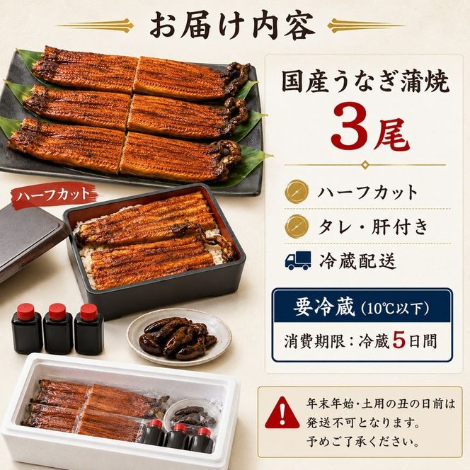高島屋選定品 うなぎ 蒲焼き 3尾 ハーフカット タレ・肝付き 国産鰻 国産 うなぎ蒲焼 惣菜 おかず