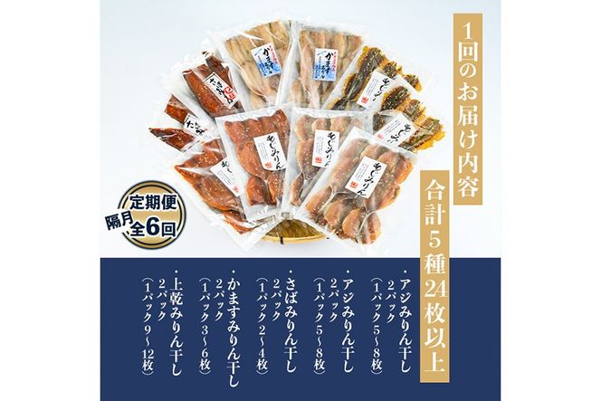 四代続く秘伝のたれ みりん干しセット (合計5種・24枚以上×隔月6回) 定期便 干物 魚 鯵 鯖 みりん かます 醤油 食べ比べ おかず 国産 詰め合わせ セット さばみりん あじみりん おつまみ 朝食 大分県 佐伯市 【FT03】【田辺海産】