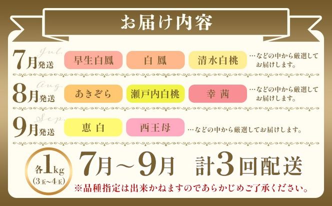 【2026年発送先行予約】 桃 3ヶ月 定期便 岡山 の 桃 3種 食べ比べ 各1kg 計3kg 晴れの国おかやま館(漂流岡山)《2026年7月中旬-9月中旬頃出荷》岡山県 笠岡市 桃 もも 果物 フルーツ デザート 送料無料【配送不可地域あり】（離島）---H-49_2026---